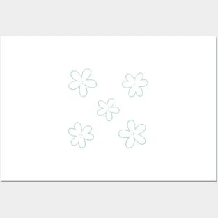 Minimal Abstract Flowers - White with pastel teal green border Posters and Art